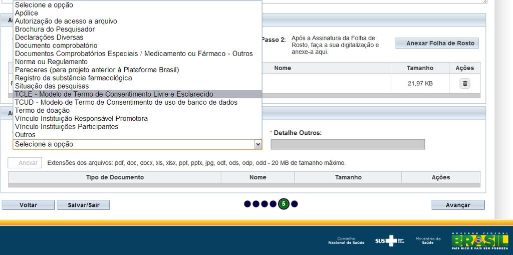 Outras Informações: Anexando o TCLE na Plataforma Brasil Para anexar o TCLE Modelo de Termo de Consentimento Livre e Esclarecido, clique nesta liste suspensa, escolhendo