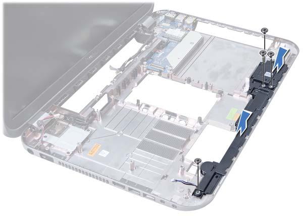 Procedimento 1 Remova os parafusos que prendem os alto-falantes à base do computador.