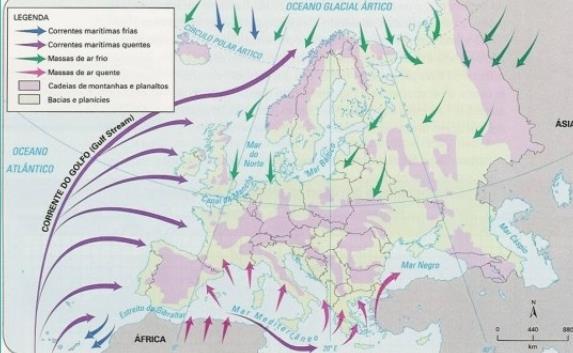 O CLIMA EUROPEU (p. 187-192) Massas de ar Grandes porções de ar que se movimentam de uma região para a outra alterando a temperatura e umidade da região.