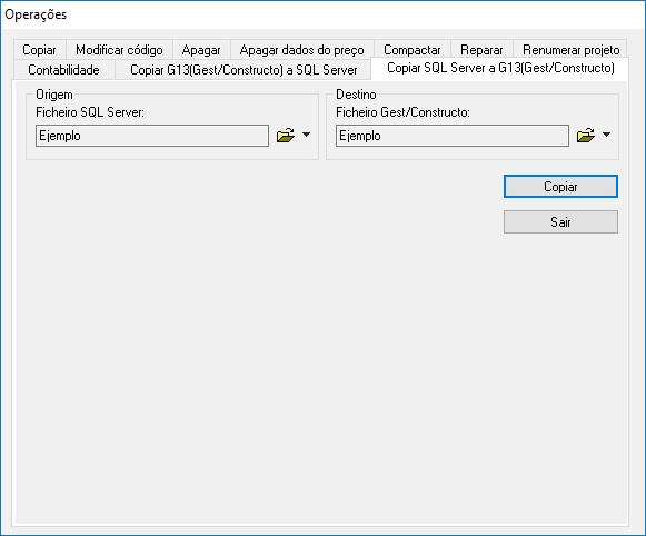 Converter ficheiros entre os formatos G13 e SQL Server A função Ferramentas>Operações inclui as fichas