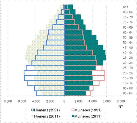 Gráfico nº 1 - Pirâmide etária do concelho (Evolução entre 2001 e 2011) Fonte: INE, Perfil Local de Saúde 2012.
