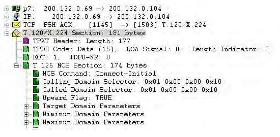 120, ao utilizar o analisador de protocolos Observer, é verificado que as informações pertinentes ao MCS estão encapsuladas sobre a TPDU Data, que de certa forma diz