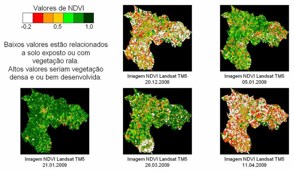 Para a lavoura experimental, foram extraídos os dados de NDVI dos pixels correspondentes a localização da estação micrometeorológica adotando-se 2 pixels para a realização de médias do NDVI.