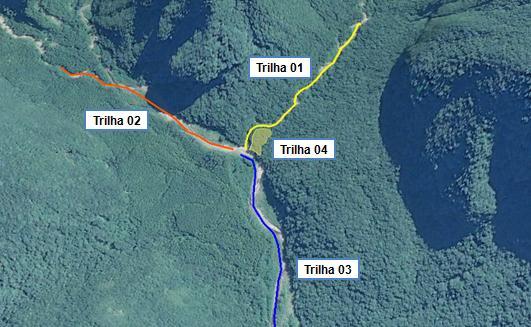 Figura 5: Croqui com a localização e extensão das trilhas utilizadas para a aplicação das metodologias de busca ativa de