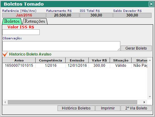 2.1.5 Boletos Serviços Tomados O sistema gera automaticamente um boleto referente ao imposto devido, acaso o mesmo seja devido pelo tomador, compensando já os valores dos boletos avulsos emitidos