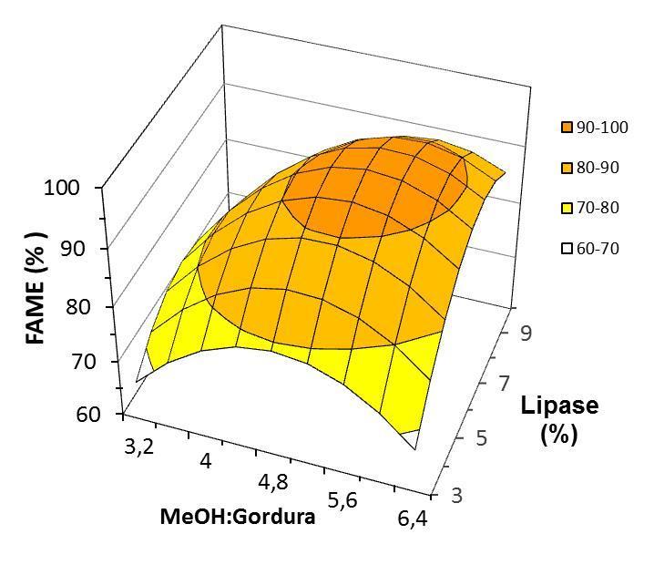 Tarefa 4 Produção de FAME por transesterificação enzimática CCD (GLA15) Temperatura = 30 ºC Tempo de reacção = 15h