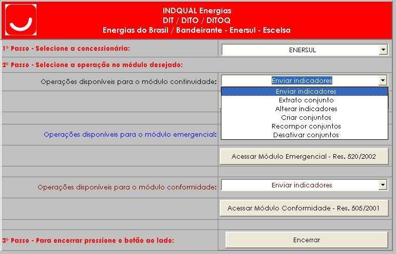 A figura 02 mostra a tela de seleção dos comandos disponíveis para o módulo continuidade: Figura 02 Seleção de comandos disponíveis no módulo continuidade A operação mais utilizada no módulo