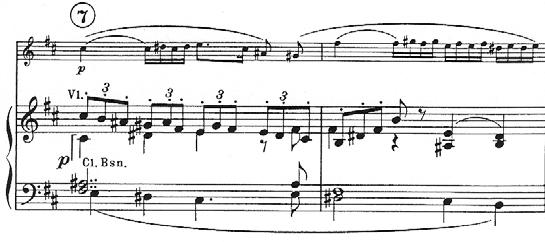 Ao introduzir o acorde diminuto de forma descendente (E-C#-A#) na melodia do oboé pela primeira vez, na transição da forma sonata do Allegro moderato (Ex.