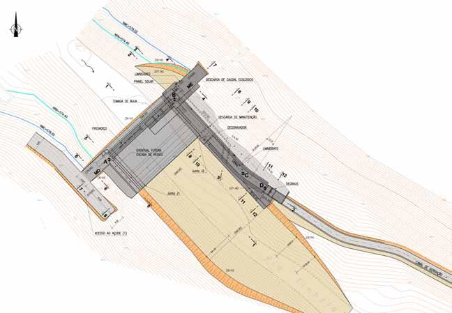 640m de comprimento; câmara de carga; conduta forçada de aço (Ø1.