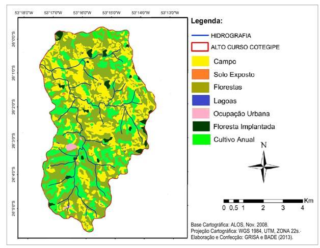 Mapa de uso e ocupação da terra A área do alto curso do rio Cotegipe está organizada, em geral, em pequenas propriedades para cultivo de milho, soja, feijão e trigo, além de outros produtos em menor