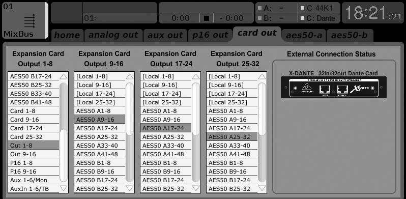 60 EXPANSION CARD X-DANTE A página ROUTING/card seleciona blocos de canal que serão disponibilizados ao controlador de rede Dante. (ex.