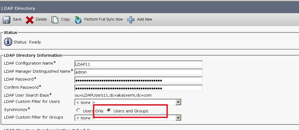 Note: Os usuários botões de rádio somente e do usuário e dos grupos estão disponíveis somente se você está usando o microsoft ative directory como o diretório corporativo.