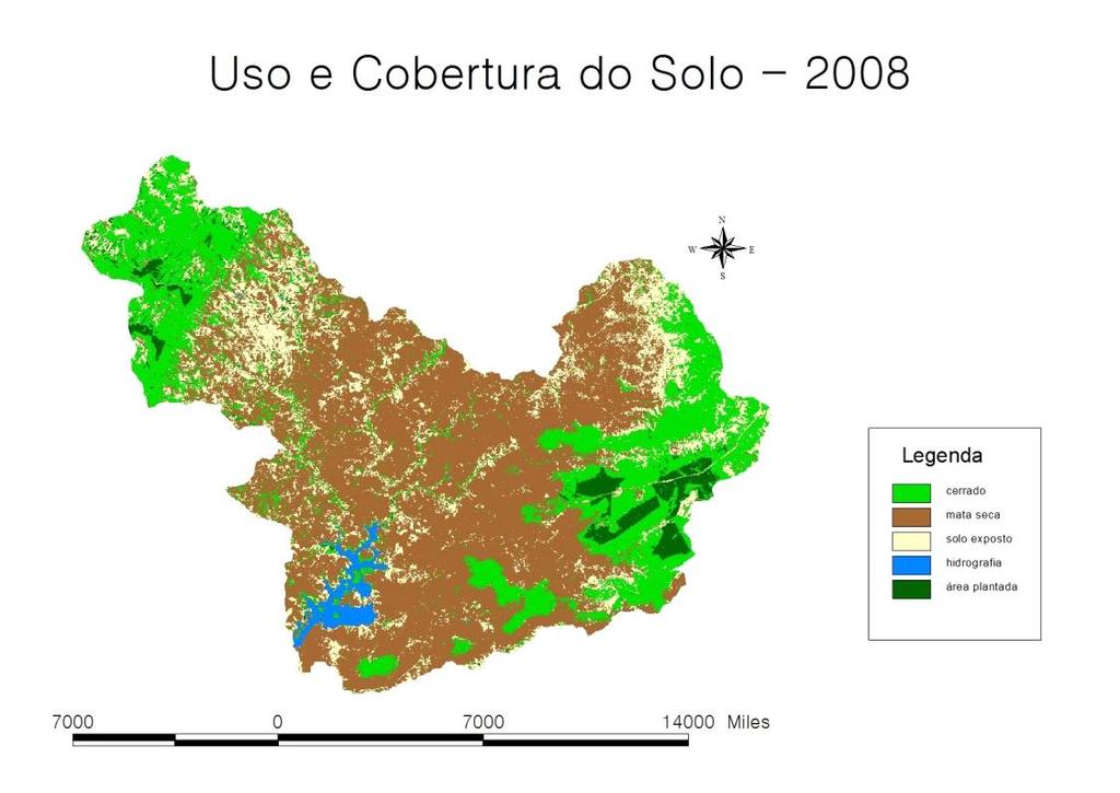 Figura 4 Mapa de classificação do uso e cobertura do solo 2008 O processo de classificação resultou na quantificação de valores associados às classes analisadas, que proporcionou os resultados na