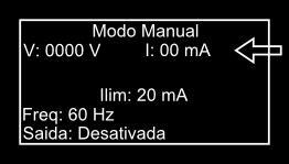 10.4.2. Operação No modo manual, cinco informações são mostradas na tela, conforme explicado abaixo. Tensão de saída: Tensão gerada entre os terminais de alta tensão, em volts.