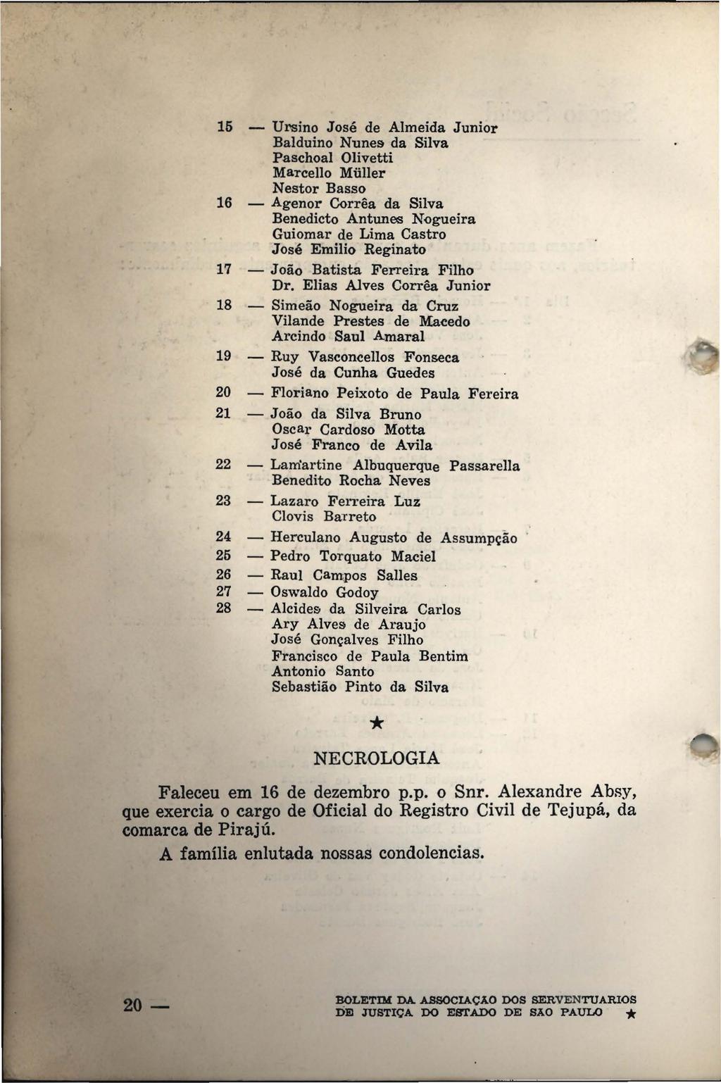 15 - Ul'Sino José de Almeida Junior Balduino Nunes da Silva Paschoal Olivetti Marcello Müller Nestor Basso 16 - Agenor Corrêa da Silva Benedicto Antunes Nogueira Guiomar de Lima Castro José Emilio