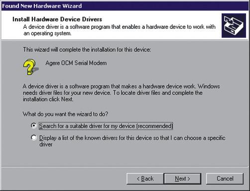 Windows 2000 Depois de completar a instalação física do modem, o Found New Hardware Wizard vai aparecer.