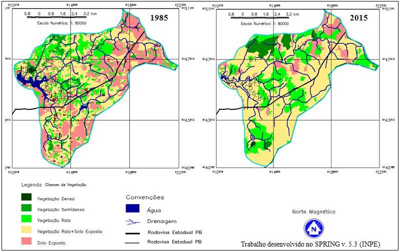 Figura 2- Mapas digitais das classes de vegetação no entorno da bacia hidráulica do açude Jatobá II em Princesa Isabel-PB no ano de 1985 e 2015. Fonte: Os autores (2016).