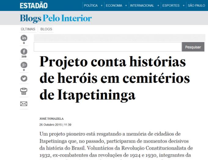 Imagem 7) Notícia sobre Morada de Heróis na edição do Estadão de 26 de outubro de 2015 Fonte: http://sao-paulo.estadao.com.