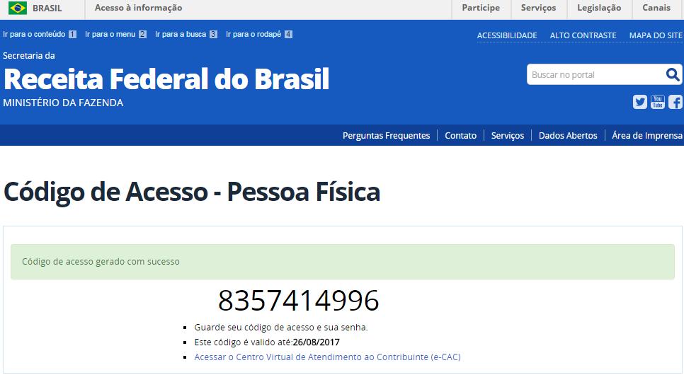 e) Pronto, o código de acesso será gerado: Uma vez de