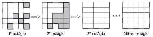 4- Uma contaminação em um tabuleiro 5x5 formado por quadrados de 1 cm de lado, propaga-se em estágios de acordo com as seguintes regras: quadrados contaminados, indicados em cinza, permanecem