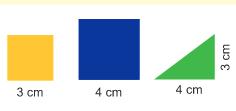 5- Dafne tem muitas peças de plástico: quadrados amarelos de lado 3 cm, quadrados azuis de lado 4 cm e triângulos