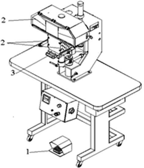 Figura 30: Máquina de carimbar solas e palmilhas 1. proteção fixa do pedal de acionamento 2. proteção móvel do carimbo 3. mesa retrátil 23. Máquina de riscar e marcar cortes 23.