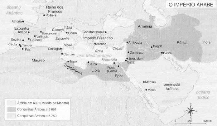 6ª Questão: Veja o mapa abaixo, que mostra a expansão do Império Árabe.