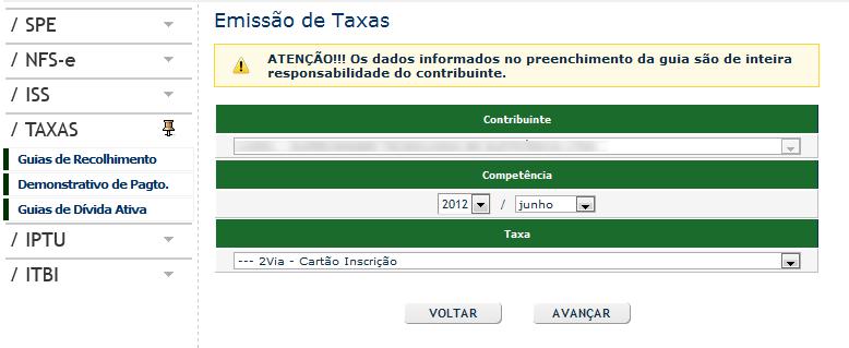 Clique para visualizar a guia. Ao clicar no link do texto: Para criar uma nova guia de TAXA, CLIQUE AQUI. Selecione o contribuinte caso possua mais de uma inscrição.