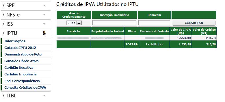 consultar os créditos de IPVA, utilize o