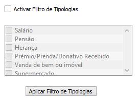 Para activar/desactivar a filtragem de movimentos por tipologias, seleccionar ou desactivar a opção Activar Filtro de Tipologias ( em ).