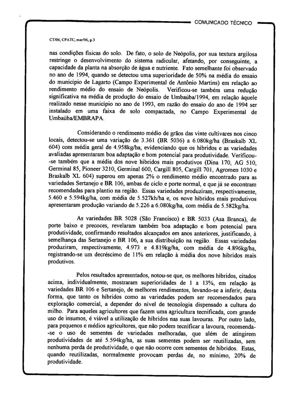 LUMUNICADO TECNICO CT/06, CPATC, mar196, p.3 nas condições fisicas do solo.