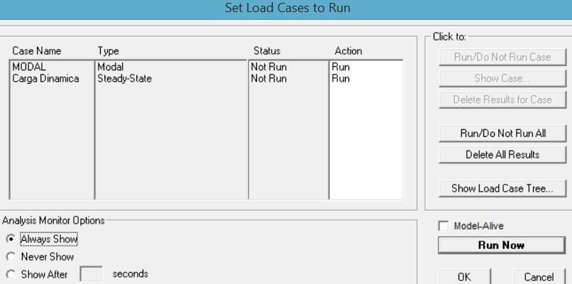 Selecionar a aba Analyse, Set Load Cases to Run.