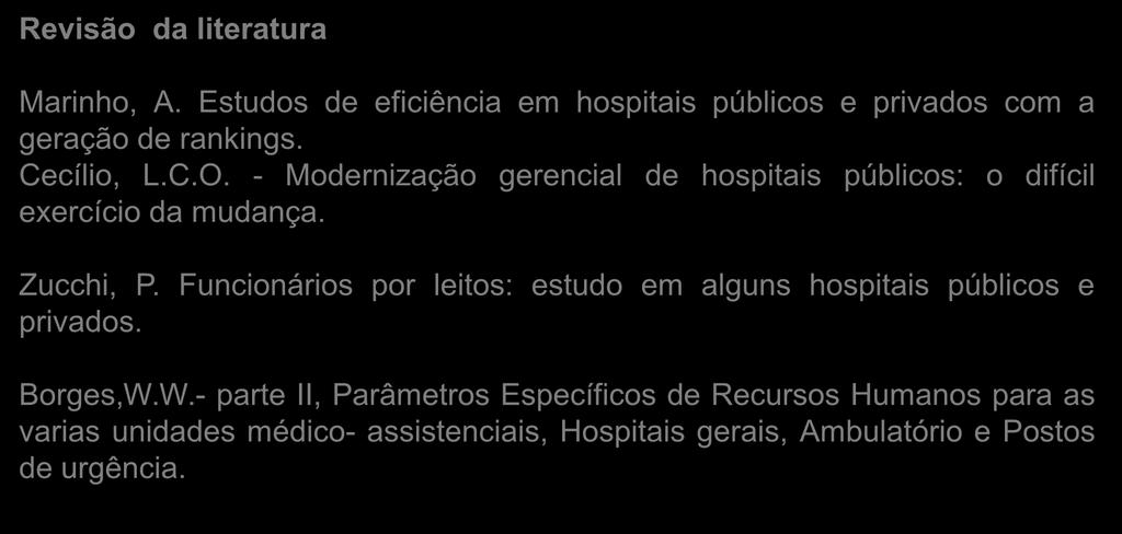 Revisão da literatura Marinho, A. Estudos de eficiência em hospitais públicos e privados com a geração de rankings. Cecílio, L.C.O.