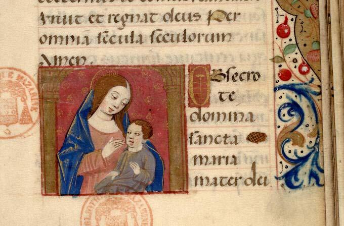 Virgem com o menino Jesus. A cena apresenta Maria coberta por um manto azul, que acolhe o menino que está em seu colo. Figura 10: Virgem com o menino. Ms. 0510, fólio 144.