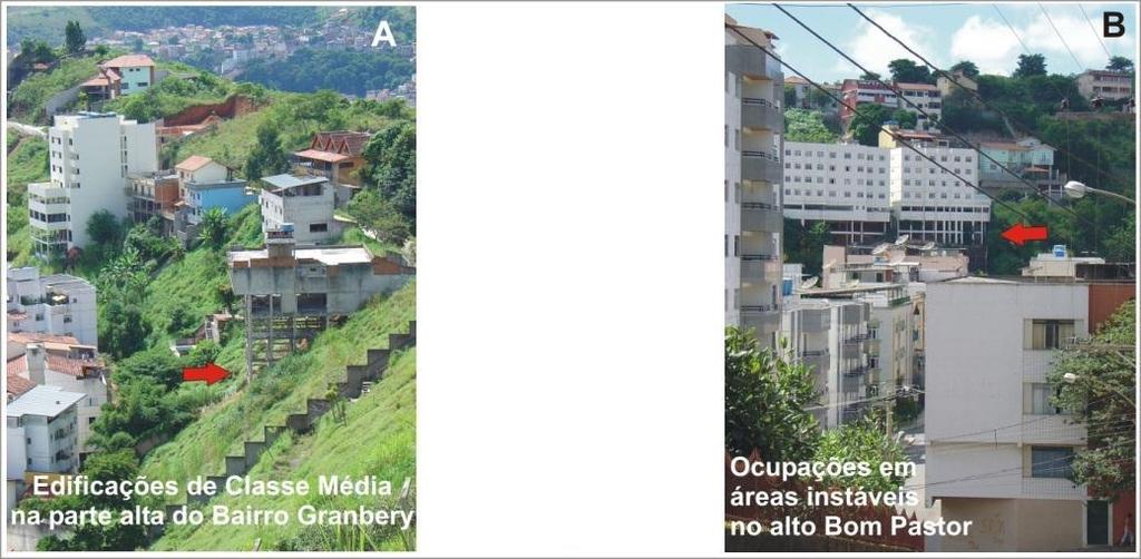 FIGURA 5: Áreas de ocupação inadequada onde se instalaram loteamentos de classe média no alto do bairro Granbery (fotografia A) e Bom Pastor (Fotografia B).