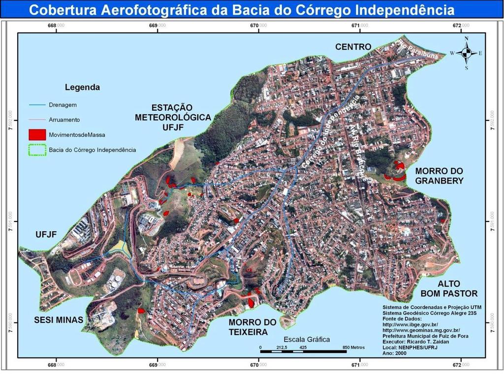 FIGURA 2: Cobertura aerofotográfica da área da Bacia do Córrego Independência onde contrastam-se o ambiente urbano do não urbano, como as pastagens e matas.
