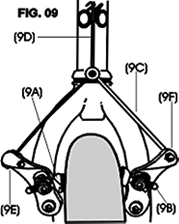 A seguir, regule a distância das sapatas em relação ao aro em aproximadamente 2mm, dessa forma: solte o parafuso de fixação do cabo (9F) com uma chave estrela de 8mm e puxe ou solte o cabo de aço com