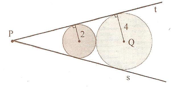 9) (UFRGS) Observe os discos de raios 2 e 4, tangentes entre si e às semirretas s e t, representados na figura abaixo. (a) 9. (b) 10. (c) 11. (d) 12. (e) 13.