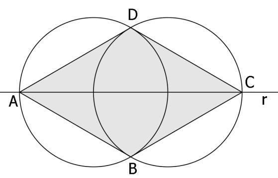 18) (UFRGS/2015) As circunferências do desenho abaixo foram construídas de maneira que seus centros estão sobre a reta r e que uma intercepta o centro da outra.