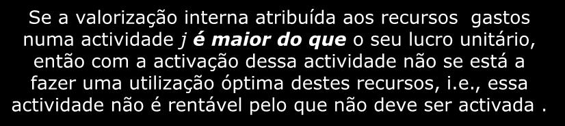 Propriedade dos Desvios Complementares. Interpretação Económica. 2º. Se a variável de folga do dual é positiva então a variável de decisão correspondente do primal é nula.