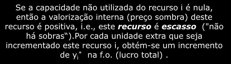 Propriedade dos Desvios Complementares. Interpretação Económica. 4º. Se a variável de folga do primal é nula então a variável de decisão do dual é positiva.