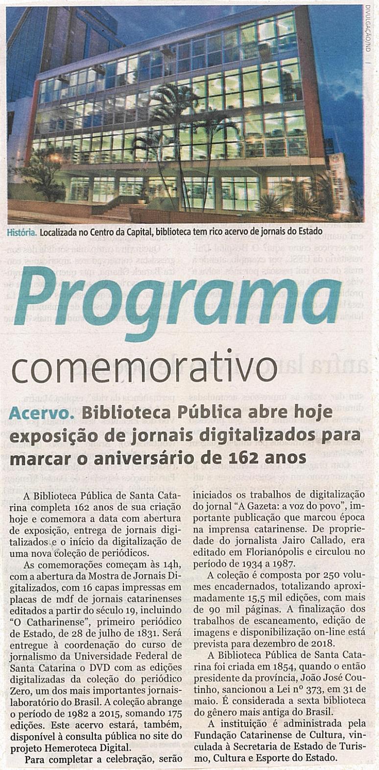 Notícias do Dia Plural Programa comemorativo Programa comemorativo / Biblioteca Pública de Santa Catarina / Mostra de Jornais Digitalizados / o Catharinense / Universidade Federal de Santa Catarina