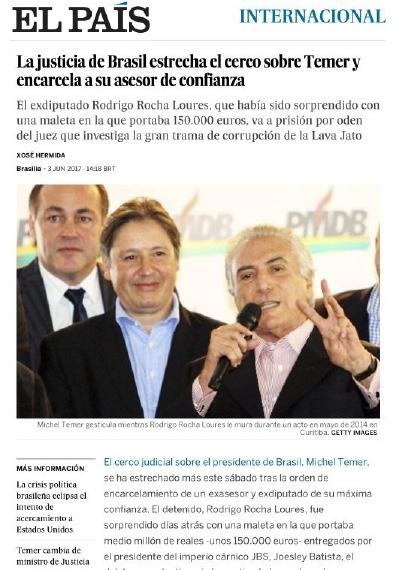 A forte rejeição popular às políticas do presidente Michel Temer e o envolvimento de diversos integrantes do governo em atividades ilícitas derrubaram a imagem do país no exterior com relação a temas