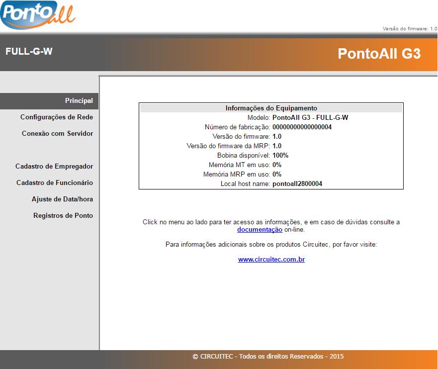 29 PontoAll G3 Manual de Usuário Julho/2017 Rev. 1 7.2.1 PRINCIPAL A página web Principal, permite visualizar algumas informações do REP como modelo, número de