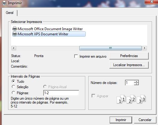 ícone de impressão Clique Microsoft XPS