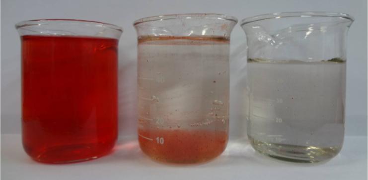 Figura 3: Efluente com corante vermelho 13. À esquerda, sem ; no centro, após eletrocoagulação; à direita, após centrifugação do eletrocoagulado.