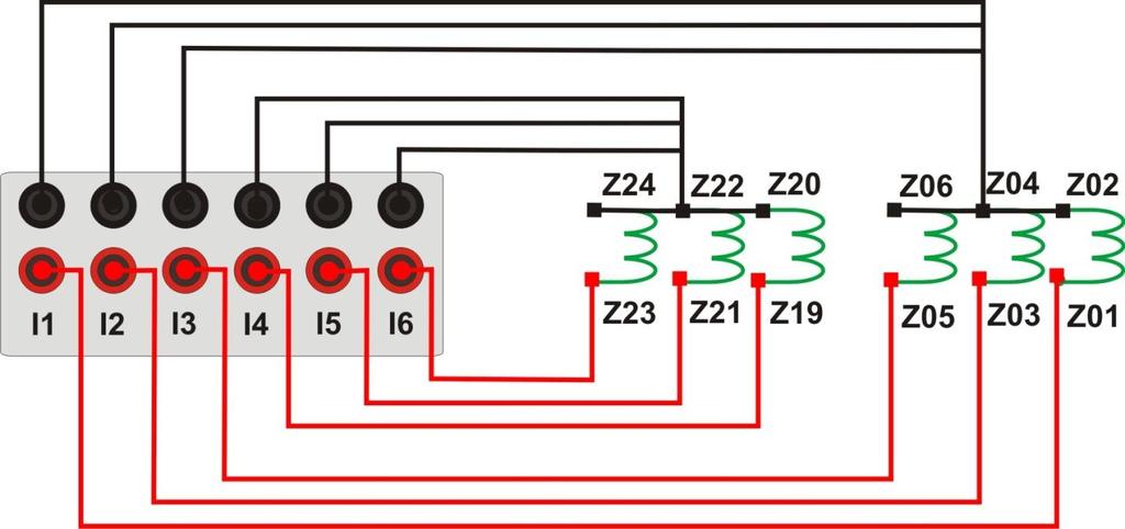2 Bobinas de Corrente Para estabelecer a conexão, ligue os canais de corrente I1, I2 e I3 aos pinos Z01, Z03 e Z05 do terminal do relé e conecte os comuns dos canais aos