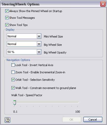 Introdução aos modos de exibição dos SteeringWheels Depois que você acessar Options (Opções) no menu de atalho, a caixa de diálogo SteeringWheels Option (Opção SteeringWheels) será exibida.