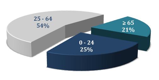 Este efeito é mais observável nos intervalos dos 0 aos 24 anos de idade e superior ou igual a 65 anos de idade, em que a relação entre o número de residentes e doentes é inversa.