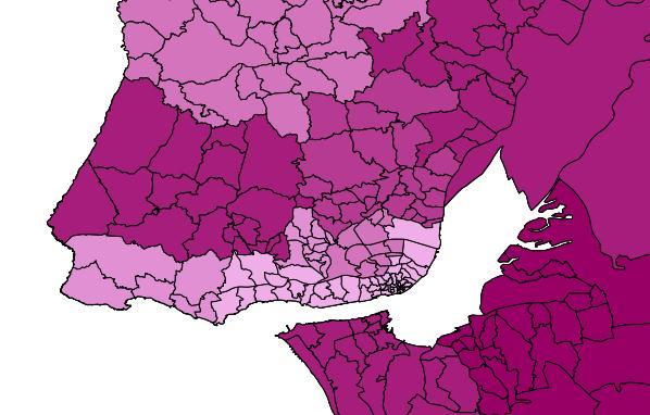 Foram representados geograficamente a percentagem de utentes sem médico de família ponderados pela população, para os ACES agora propostos, conforme mapas abaixo: Utentes sem médico de família -